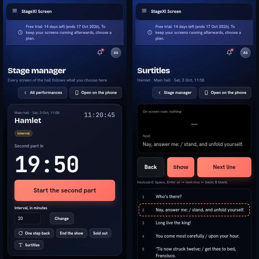 The stage manager's page and the surtitle operator's page on a phone