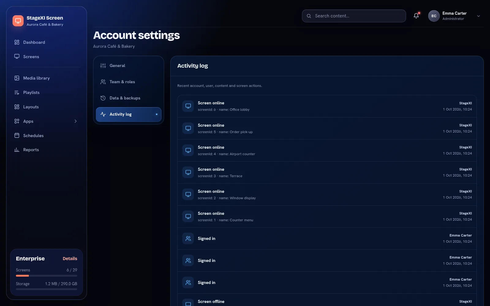 The activity log