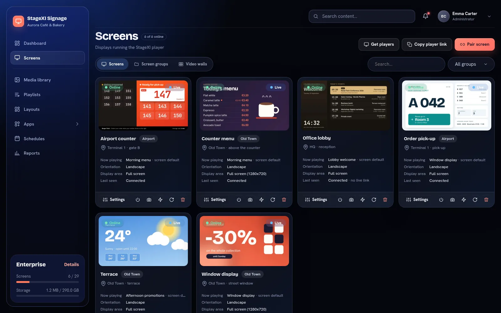 Screens with live pictures