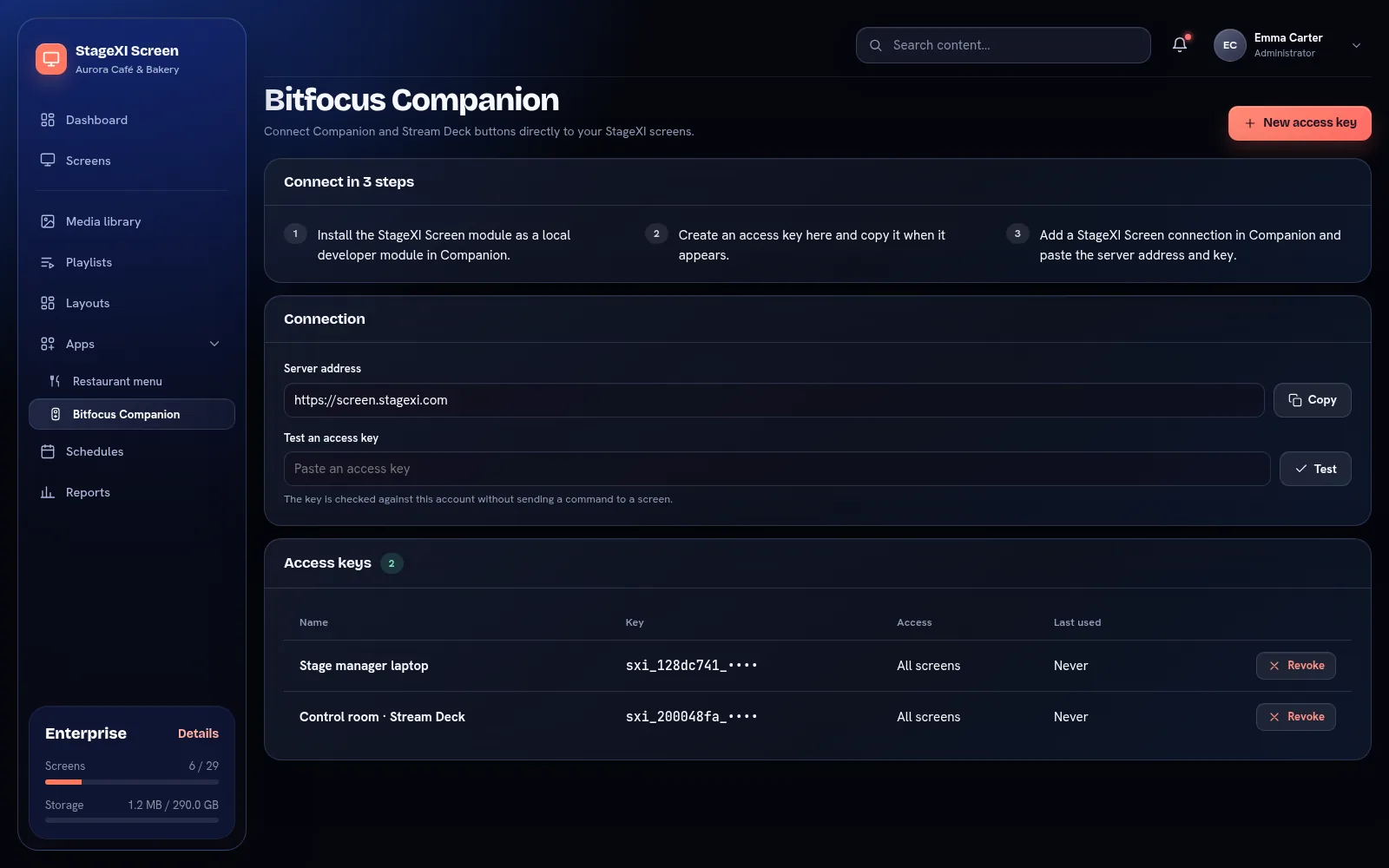 Access keys for Bitfocus Companion